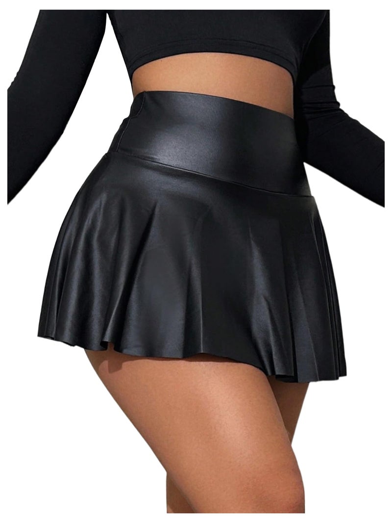 OYOANGLE Women's Pu Leather Elastic High Waist Skorts Ruffle Hem Casual Flared Skirt Shorts Black X-Large - Image 1