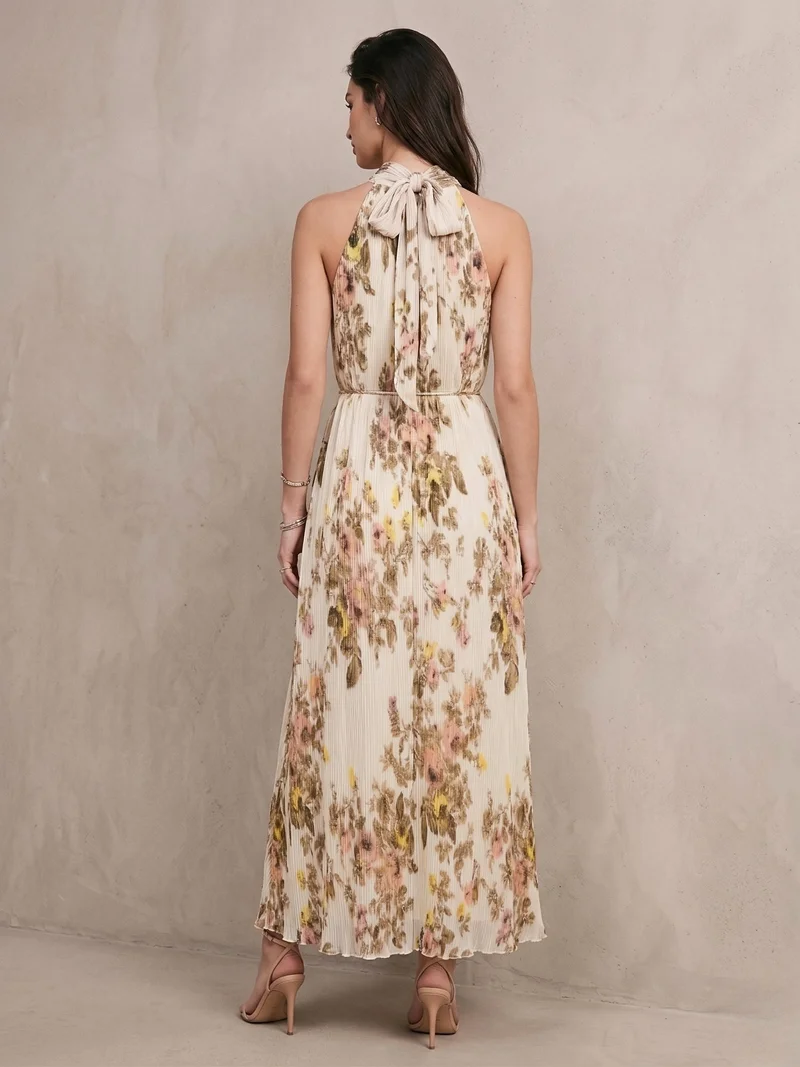 Outzidr cream floral Beige Black Halter Neck Floral Printed Dress for Women | Best Price UAE