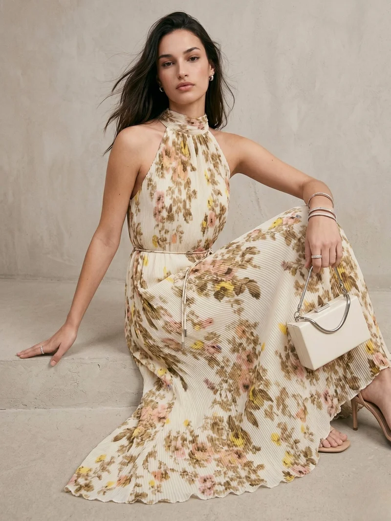 Outzidr cream floral Beige Black Halter Neck Floral Printed Dress for Women | Best Price UAE