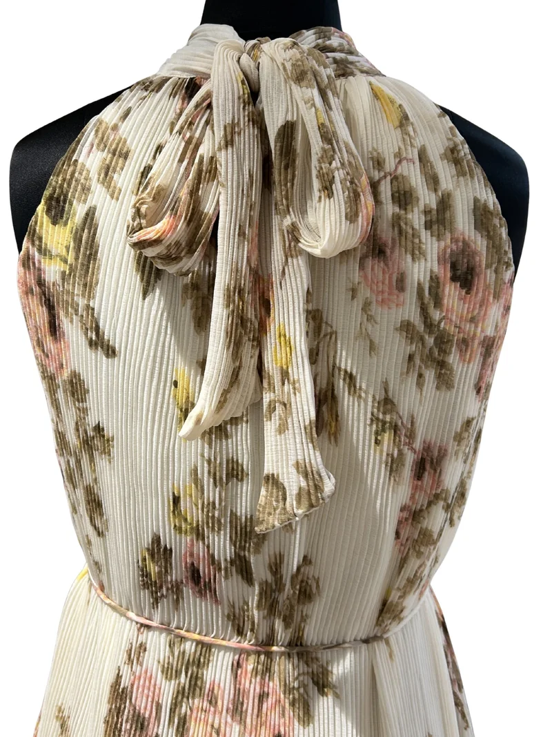 Outzidr cream floral Beige Black Halter Neck Floral Printed Dress for Women | Best Price UAE