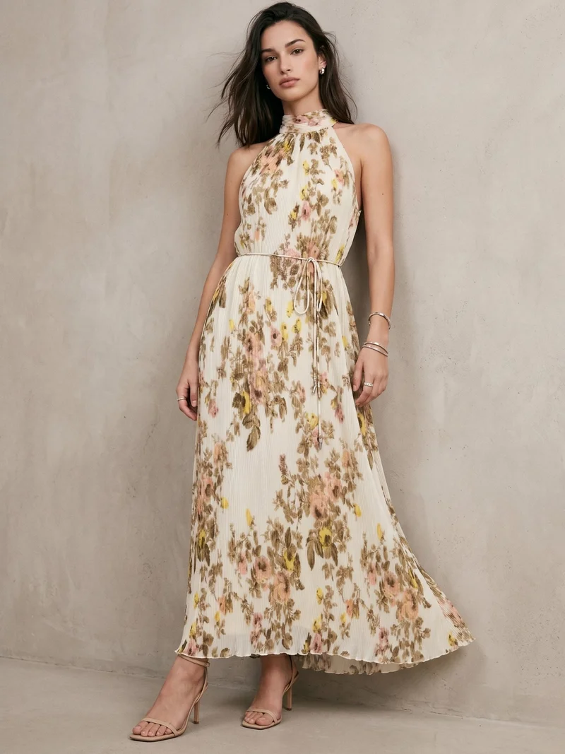 Beige Black Halter Neck Floral Printed Dress