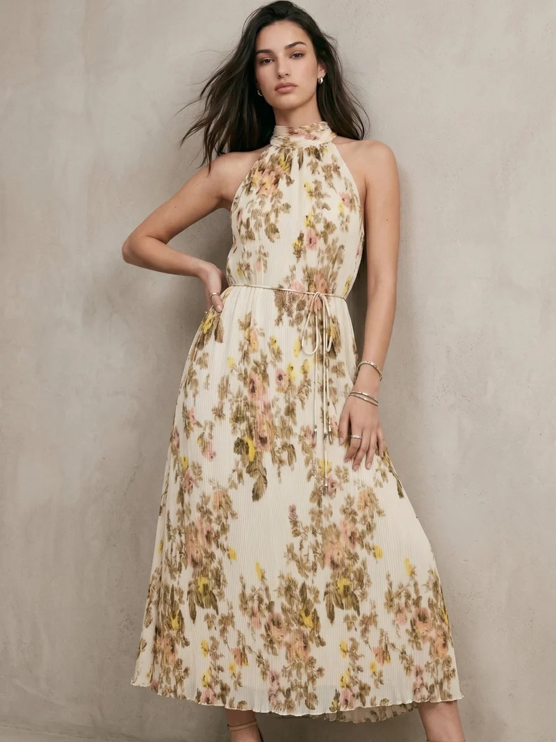 Outzidr cream floral Beige Black Halter Neck Floral Printed Dress for Women | Best Price UAE