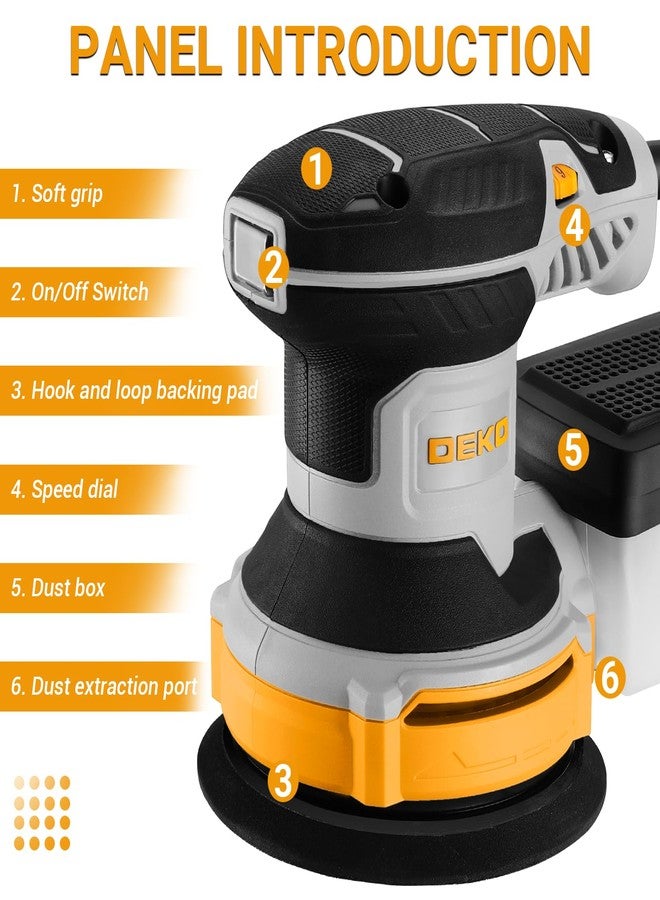 DEKOPRO 300W Orbital Sander, 6 Speed, 14000RPM, 16 Pieces Sandpaper, 125 mm Sanding Pad, Dust Collector, for Wood and Steel Surfaces - Image 2