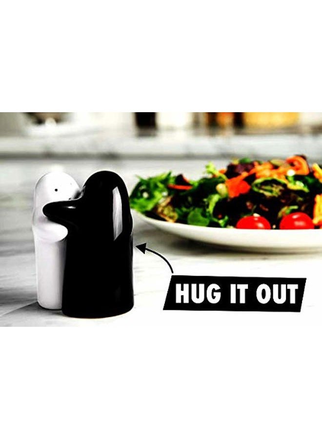 Belle Being Salt and Pepper (Seasoning & Spice) Shakers Hugging Couple Set with Black & White. Cute, Novelty, Modern and Vintage Hug Design - Easy to Refill & Dispense - Perfect for Gift, Halloween Ghost Shakers - Image 2