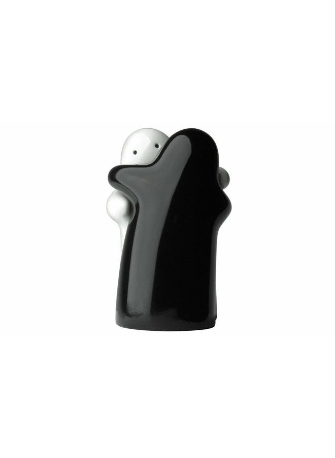 Belle Being Salt and Pepper (Seasoning & Spice) Shakers Hugging Couple Set with Black & White. Cute, Novelty, Modern and Vintage Hug Design - Easy to Refill & Dispense - Perfect for Gift, Halloween Ghost Shakers - Image 1