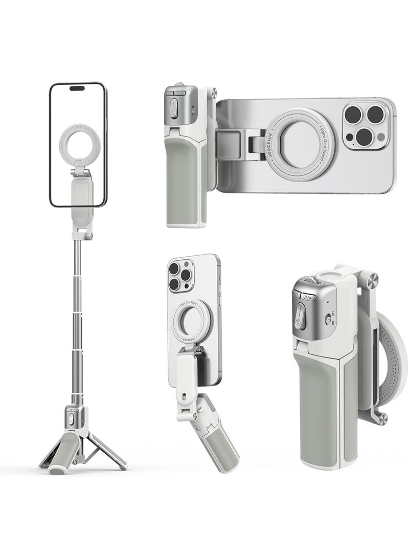 AMAZEAR Phone Camera Grip with Selfie Stick Tripod, Cellphone Accessories with Detachable Wireless Shutter Button for iPhone 16 17 Pro Max, Comfort Ergonomic Smartphone Handle Holder, White - Image 1