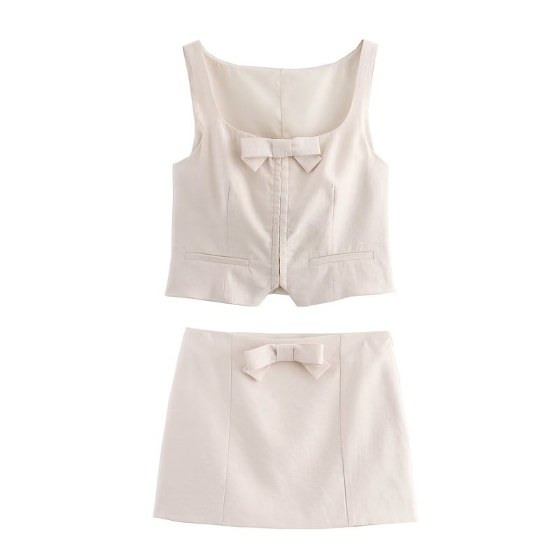 Cross-border AliExpress womens clothing foreign trade wholesale ZR bow ornaments vest-style jacket bow ornaments mini skirt suit suit - Image 1