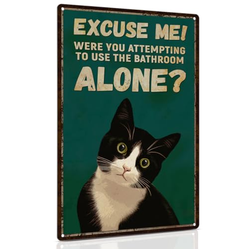 ALKB Funny Tuxedo Cat Metal Signs Black Cat Metal Poster Tuxedo Cat Lover Gift Vintage Bathroom Wall Decor 8 x 12 Inch - Image 1