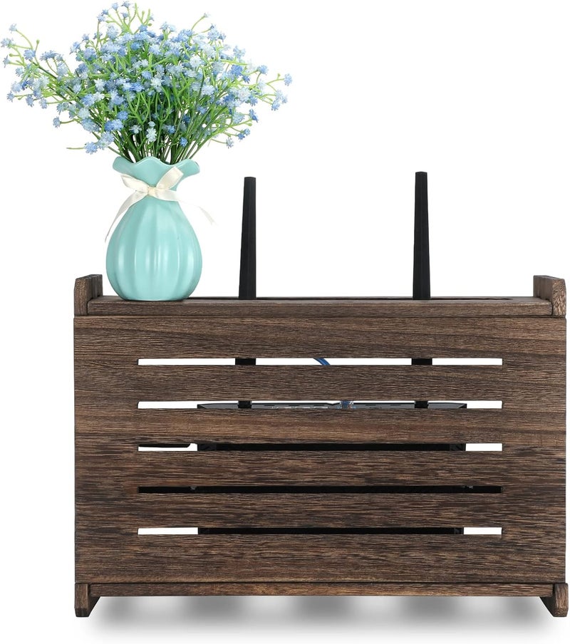 BEARUT Wall Mount WiFi Router Shelf Wall Mounted Router Modem Storage Box Cabinet Power Strip Cable Organiser Box Cable Organiser Box Shelves Wooden Router Shelf - Image 1