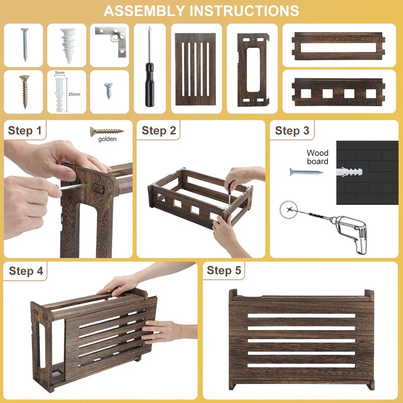 BEARUT Wall Mount WiFi Router Shelf Wall Mounted Router Modem Storage Box Cabinet Power Strip Cable Organiser Box Cable Organiser Box Shelves Wooden Router Shelf - Image 3