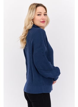 HUGO by Hugo Boss Women Mock Neck Long Sleeves Knitted Sweater, Navy  - Image 2