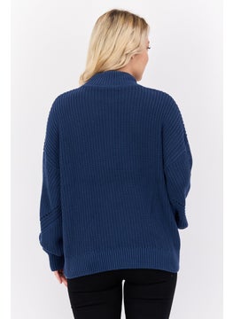 HUGO by Hugo Boss Women Mock Neck Long Sleeves Knitted Sweater, Navy  - Image 3