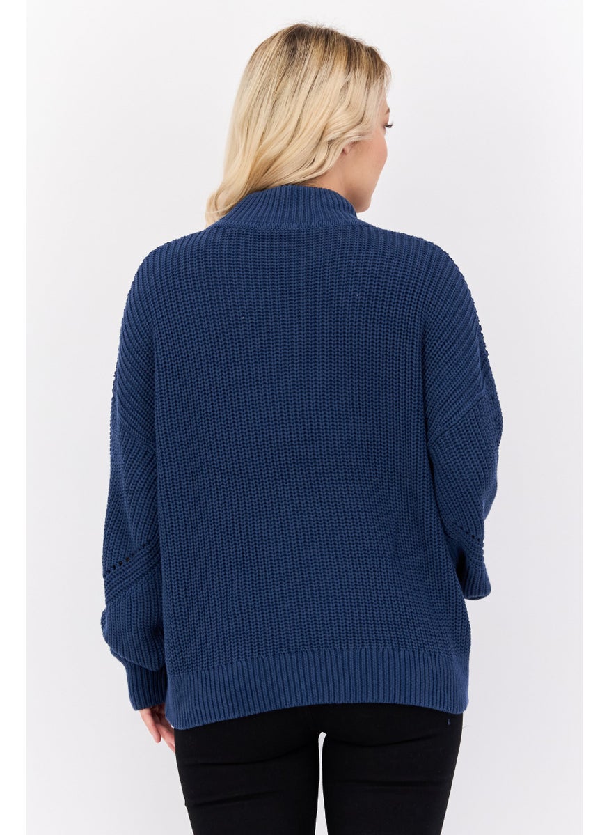 HUGO by Hugo Boss Women Mock Neck Long Sleeves Knitted Sweater, Navy  - Image 3
