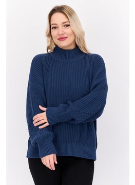HUGO by Hugo Boss Women Mock Neck Long Sleeves Knitted Sweater, Navy  - Image 1