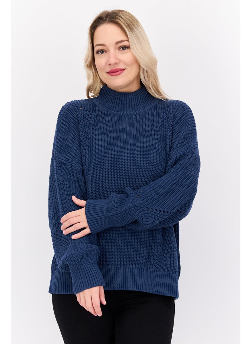 HUGO by Hugo Boss Women Mock Neck Long Sleeves Knitted Sweater, Navy  - Image 1