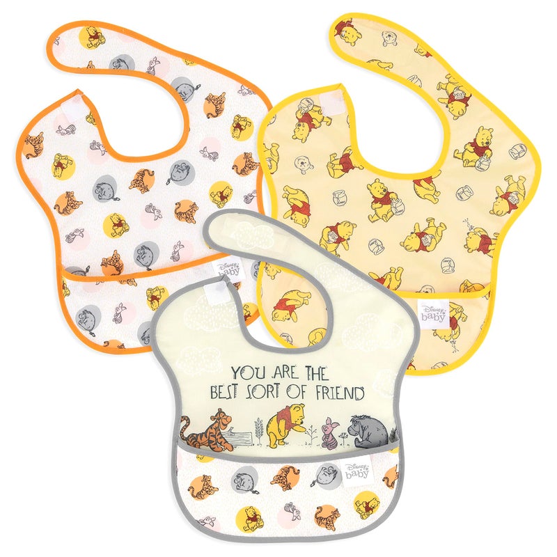 Bumkins Disney Bibs for Girl or Boy, SuperBib Baby and Toddler 6-24 Months, Essential Must Have for Eating, Feeding, Baby Led Weaning, Mess Saving Waterproof Soft Fabric, 3-pk Pooh Bear and Friends - Image 1