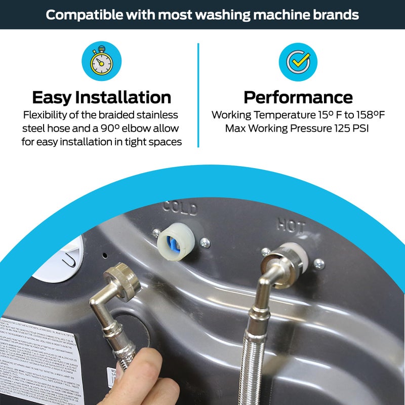 Eastman موصل غسالة إيستمان، اتصال 3/4 بوصة FHT، كوع بزاوية 90 درجة، خراطيم غسالة من الفولاذ المقاوم للصدأ بطول 6 أقدام، 48375 - Image 3