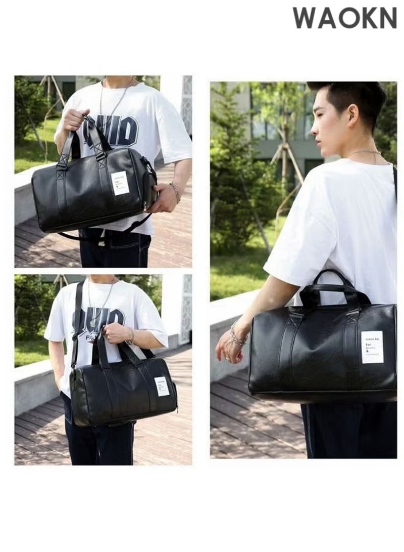 WAOKN PU leather 16 20 Inch fitness gym sports bag with Ventilated Shoe Compartment 16“ travel traveling duffel bag,Multi-Purpose Business Travel & Workout Duffel Bag for Men & Women  Sports duffle bags with shoes compartment, 34L Black, L - Image 5