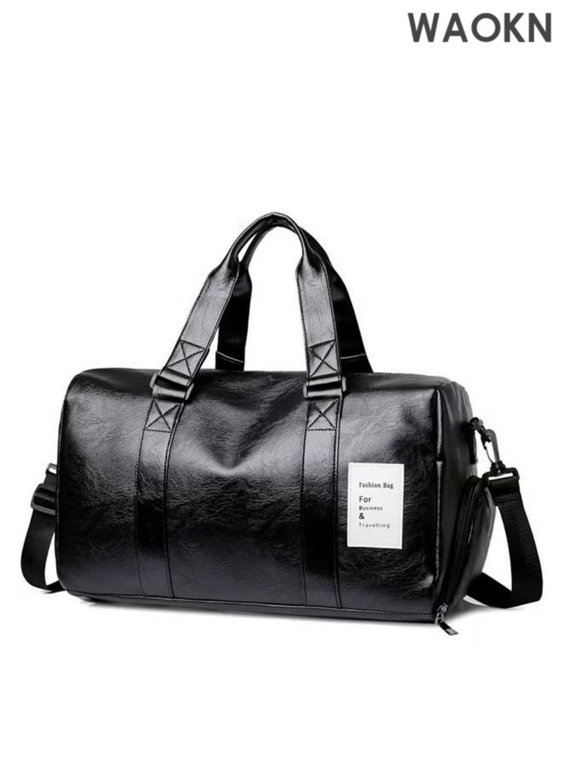 WAOKN PU leather 16 20 Inch fitness gym sports bag with Ventilated Shoe Compartment 16“ travel traveling duffel bag,Multi-Purpose Business Travel & Workout Duffel Bag for Men & Women  Sports duffle bags with shoes compartment, 34L Black, L - Image 1