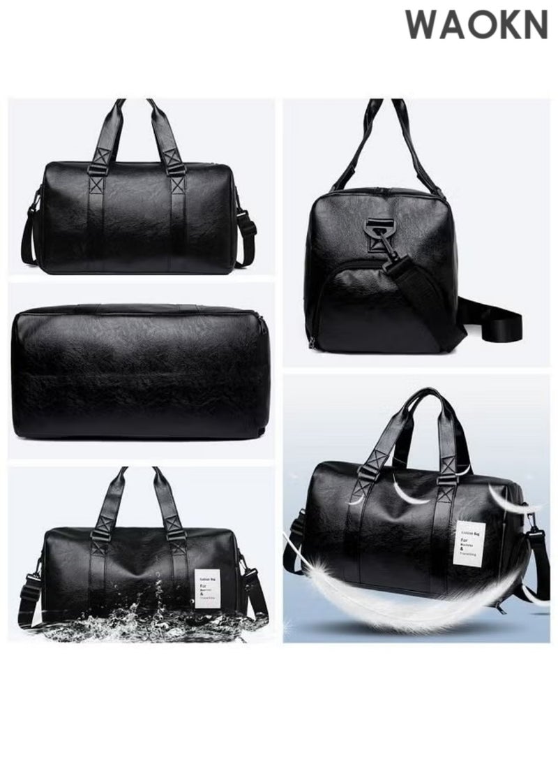 WAOKN PU leather 16 20 Inch fitness gym sports bag with Ventilated Shoe Compartment 16“ travel traveling duffel bag,Multi-Purpose Business Travel & Workout Duffel Bag for Men & Women  Sports duffle bags with shoes compartment, 34L Black, L - Image 3