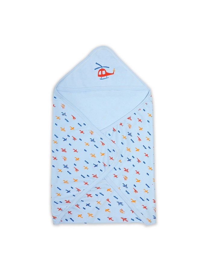 Luvlap منشفة أطفال بغطاء رأس من القطن للمواليد الجدد؛ مقاس كبير 75 سم × 75 سم؛ ناعمة وآمنة وصديقة للبشرة؛ مثالية للمواليد الجدد من سن 0 إلى 12 شهرًا؛ خفيفة الوزن وسهلة السفر بطبعة طائرة باللون الأزرق السماوي - Image 1