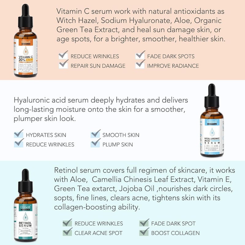 ELBBUB Age Defying Facial Serum - Vitamin C, Retinol & Hyaluronic Acid Serum Set for Wrinkles, Fine Lines, Skin Firmness & Moisture Retention - Collagen Boost & Deep Nourishment - Image 4