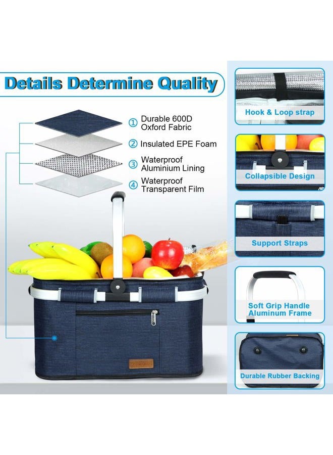 LIQING 35L Large Picnic Basket 2 Layers of Internal Pockets Leak-Proof and Insulated ，Folding with Internal Support for enhansed Stability, Wedding Gifts for Couple(Navy Blue) - Image 3