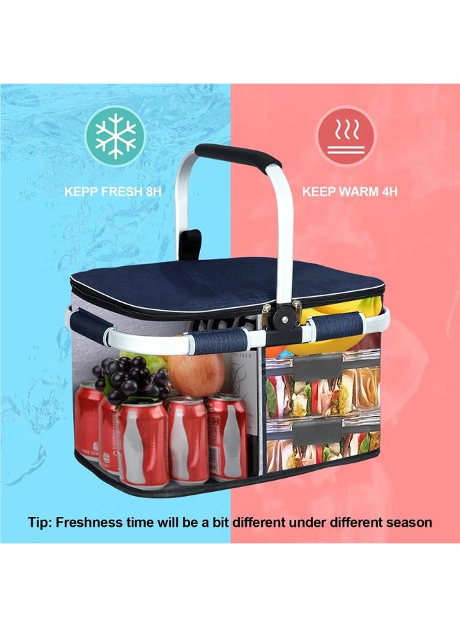 LIQING 35L Large Picnic Basket 2 Layers of Internal Pockets Leak-Proof and Insulated ，Folding with Internal Support for enhansed Stability, Wedding Gifts for Couple(Navy Blue) - Image 5