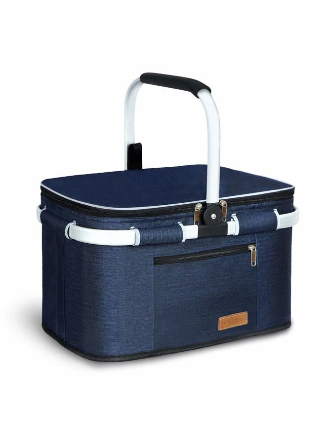 LIQING 35L Large Picnic Basket 2 Layers of Internal Pockets Leak-Proof and Insulated ，Folding with Internal Support for enhansed Stability, Wedding Gifts for Couple(Navy Blue) - Image 1