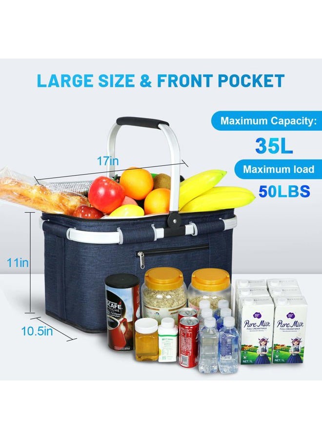 LIQING 35L Large Picnic Basket 2 Layers of Internal Pockets Leak-Proof and Insulated ，Folding with Internal Support for enhansed Stability, Wedding Gifts for Couple(Navy Blue) - Image 2