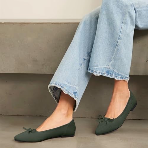 TINGRISE Womens Flats Pointed Toe Bow Knit Ballet Shoes Comfortable Dressy Mesh Slip On Flat Green US8 - Image 3