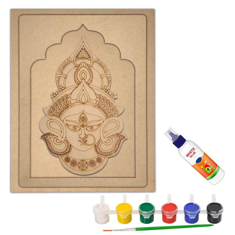Wrapping Studio MDF Board for Lippan Art - Pre-Marked Maa Durga in Jharokha Design Cutouts for Craft, Painting, DIY Projects - Eco-Friendly MDF Wood, 30x23 cm, with Colors and Glue - Image 1