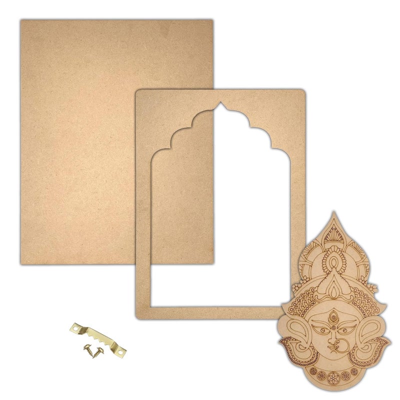 Wrapping Studio MDF Board for Lippan Art - Pre-Marked Maa Durga in Jharokha Design Cutouts for Craft, Painting, DIY Projects - Eco-Friendly MDF Wood, 30x23 cm, with Colors and Glue - Image 2