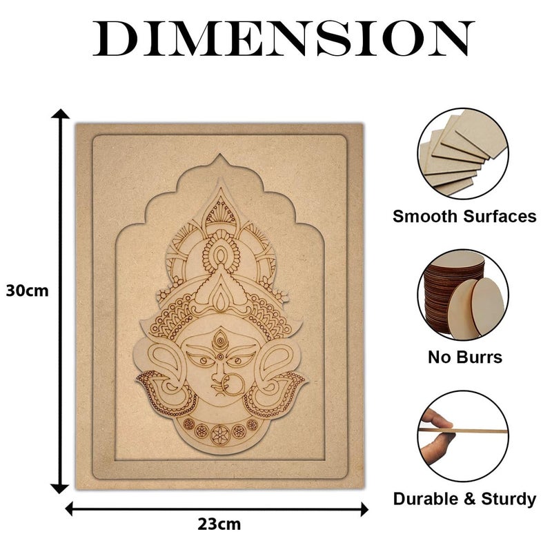 Wrapping Studio MDF Board for Lippan Art - Pre-Marked Maa Durga in Jharokha Design Cutouts for Craft, Painting, DIY Projects - Eco-Friendly MDF Wood, 30x23 cm, with Colors and Glue - Image 4