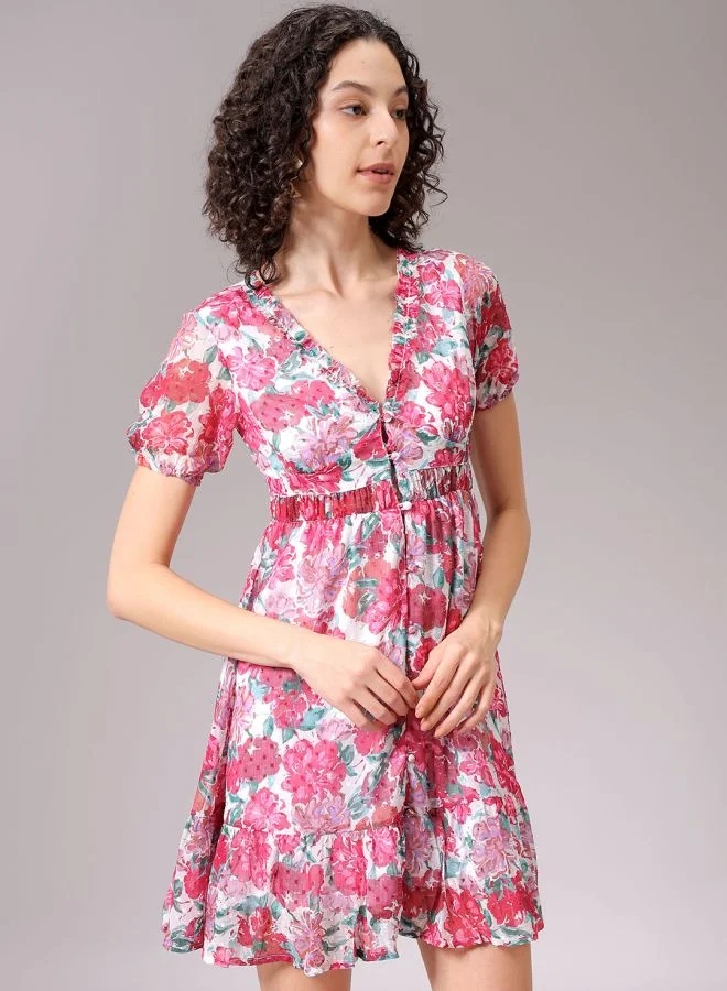 Freehand Women Fit and Flared Casual Ditsy Print Ruffle Dress
