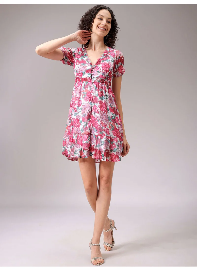 مرفوعة Women Casual Fit And Flare Ditsy Ruffled V-Neck Mid Thigh Ruffle Dress