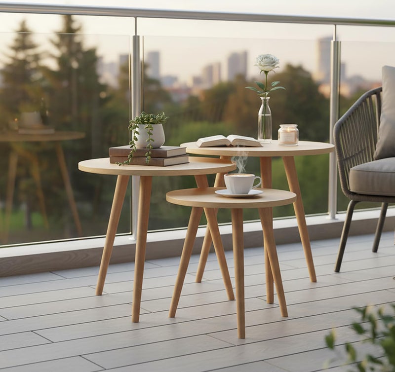 Nesting Tables Set - Modern Coffee Tables and Side Tables with Simple Design and Wood Legs - Space Saving Design for Living Room, Bedroom or Office with Different Designs and Shapes (Beige, Round) - Image 1