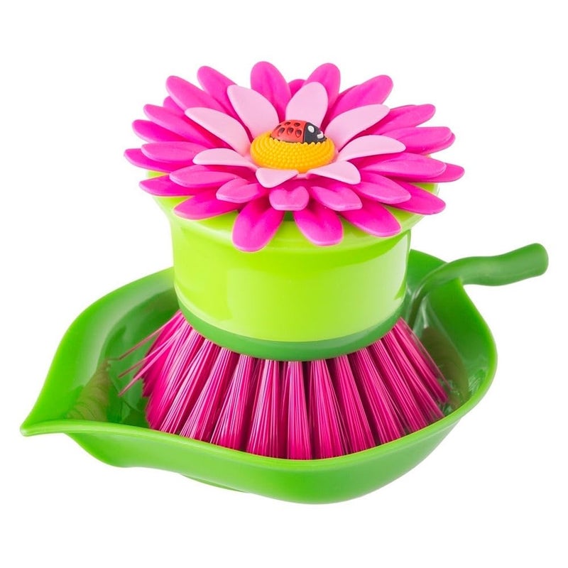 Vigar Flower Palm Dish Scrub Brush with Holder Perfect Kitchen Brushes for Dishes Sink Brush and Cleaning Brushes for Household Use Pink Green