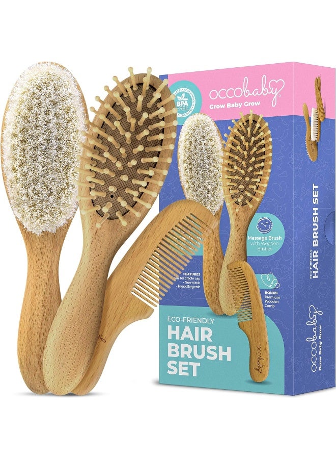 OCCObaby Wooden Baby Hair Brush Set for Newborns & Toddlers - Soft Hair Brush for Baby Grooming - Baby Scalp Brush and Baby Comb for Cradle Cap - Toddler Comb - Image 1