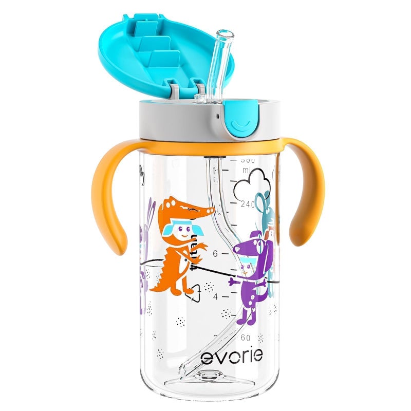 Evorie Tritan Spill Proof Toddler Straw Sippy Cup 10 oz for Baby and Toddlers 13 Years Old No Spill Straw Water Bottle with Removable Handles Ideal for School BPAFree Imaginations
