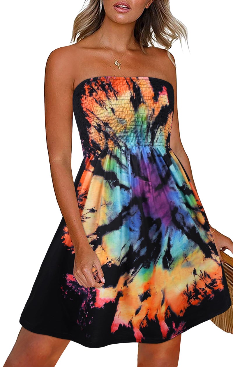 CHICGAL Summer Dress for Women Smocked Strapless Dresses Tie Dye Sundresses Beach Cover Ups.(Colorful Tie Dye,M) - Image 1