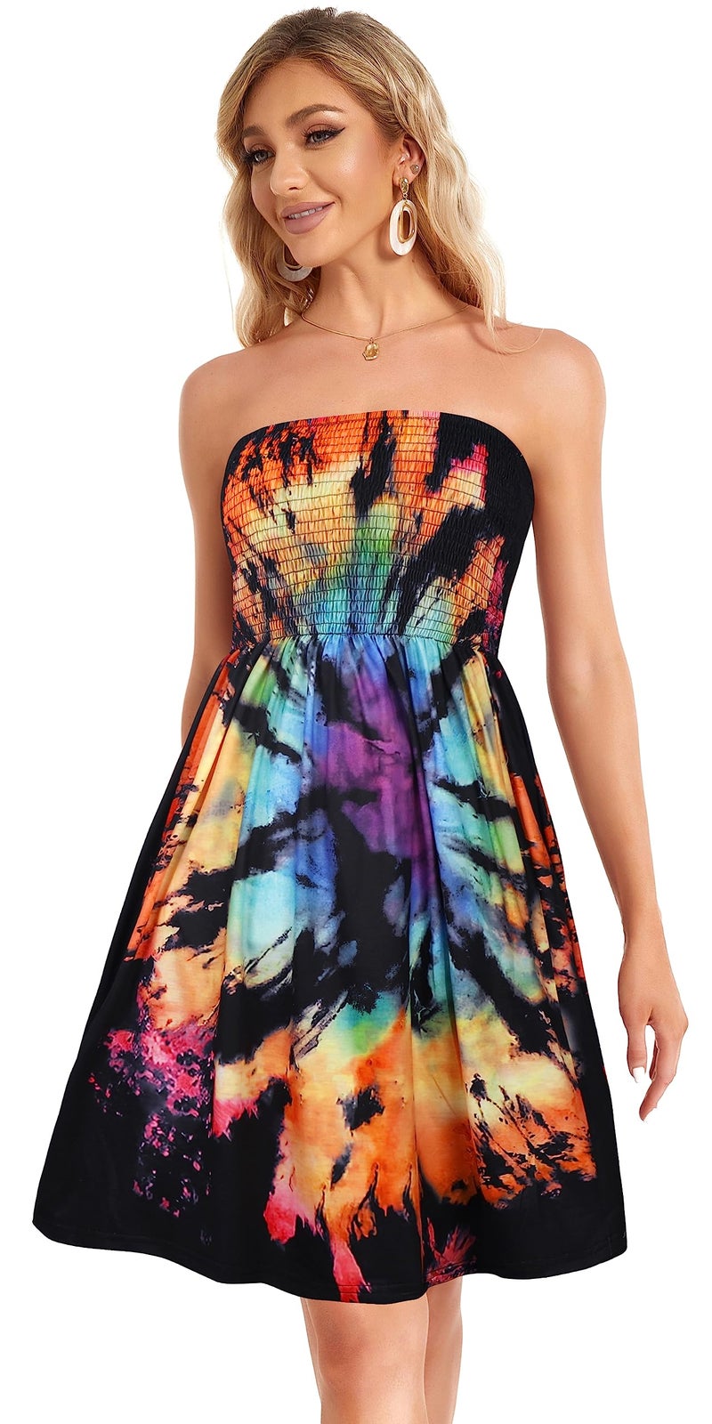 CHICGAL Summer Dress for Women Smocked Strapless Dresses Tie Dye Sundresses Beach Cover Ups.(Colorful Tie Dye,M) - Image 3