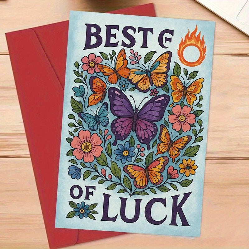 Red Butterfly Flowers Greeting Card for Wishing Success Good Luck Gift - Image 4