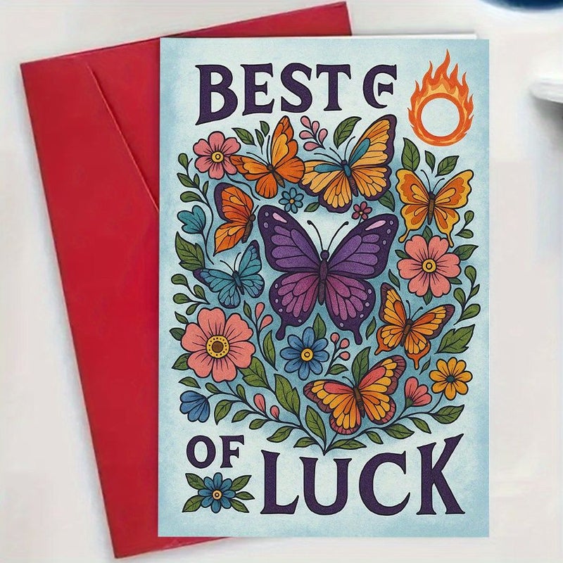 Red Butterfly Flowers Greeting Card for Wishing Success Good Luck Gift - Image 1
