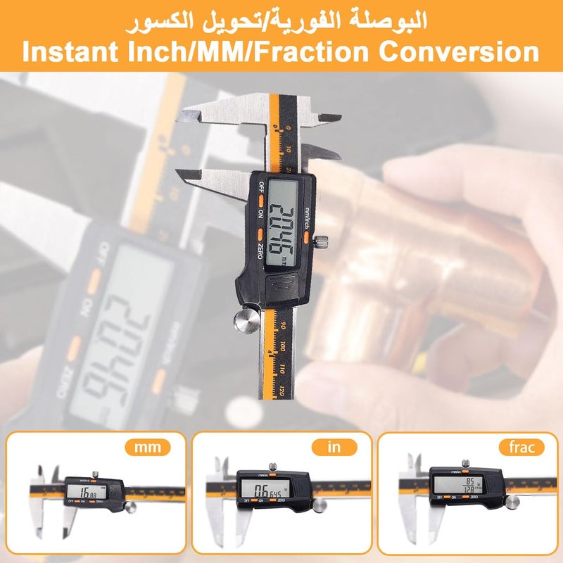 Cestbella Digital Vernier Caliper 0-6"/0-150mm Caliper Measuring Tool with LCD Screen Inch MM Fraction Conversion Stainless Steel Auto-Off Electronic Micrometer Caliper for Inside Outside Depth Step Measurement - Image 4