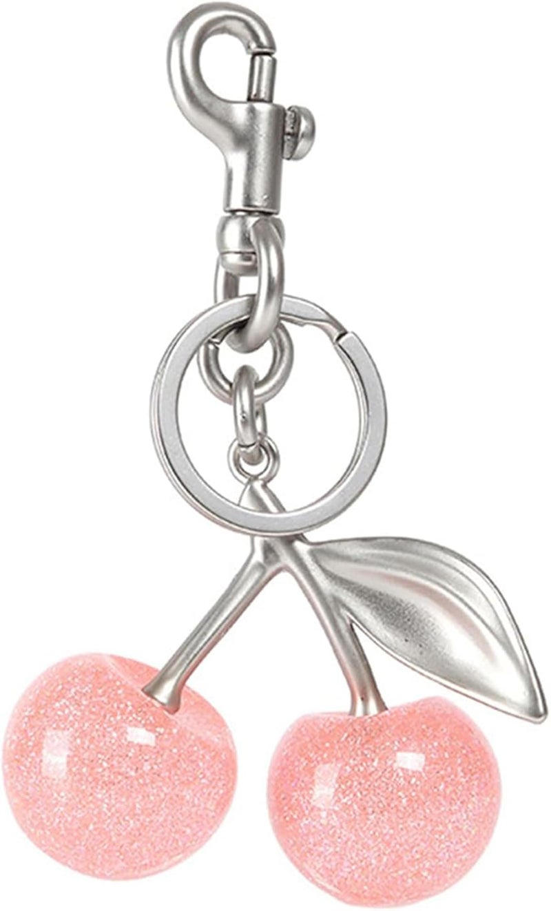 Spenlly Cherry Bag Charm, Cherry Keychain Hanging Purse Charm Decoration Cute Pendant for Women (Silver-Pink) - Image 1