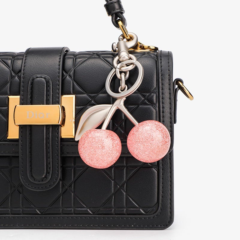 Spenlly Cherry Bag Charm, Cherry Keychain Hanging Purse Charm Decoration Cute Pendant for Women (Silver-Pink) - Image 2