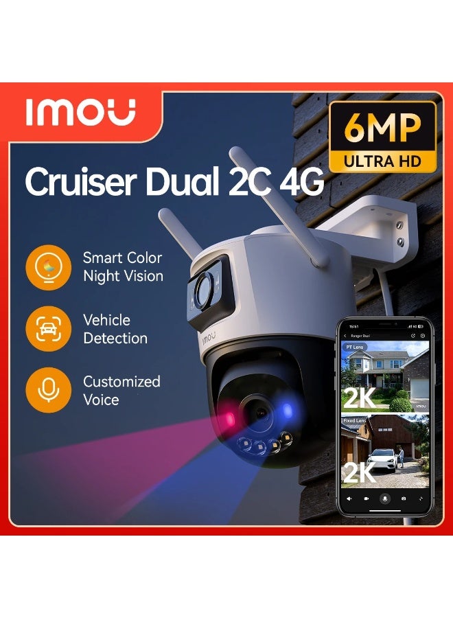 IMOU Cruiser Dual 2C 4G 6MP Outdoor Dual-Lens Security Camera, 3MP Fixed + 3MP Pan-Tilt Lens, AI Human & Vehicle Detection, 4G SIM & Wi-Fi Connectivity, Color Night Vision, 30m IR Range, Built-in Spotlight & Siren, Two-Way Audio, MicroSD up to 512GB, Smart Motion Tracking, Active Deterrence Camera | IPC-S7XCP-6M1TED-EU - Image 1