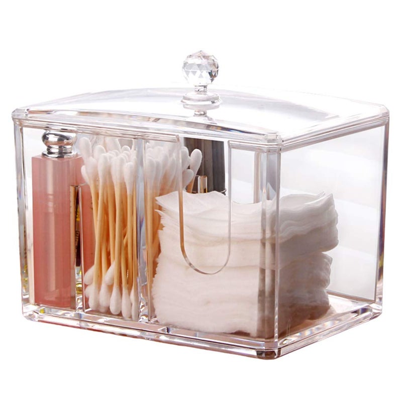 Watpot Qtip Cotton Pad Holder Dispenser Cotton Ball and Swab Storage with Lid Clear Acrylic Cotton Round Organizer, 4 Sections - Image 1