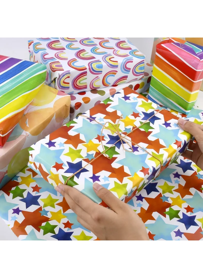 QUESERA 4-Pack PREMIUM Gift Wrapping Paper Rolls – 12 Meters | 4 Colorful Designs – Rainbows, Stars, Polka Dots & Balloons